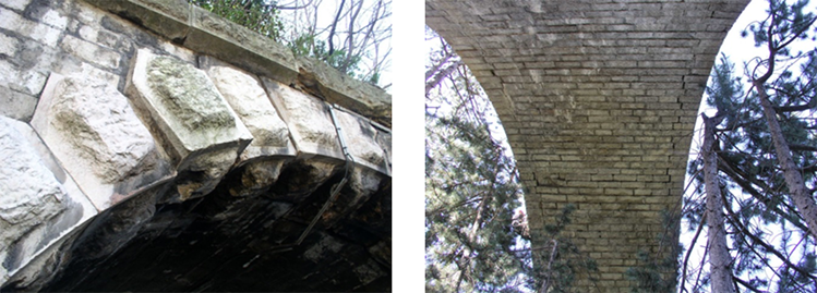 Deux exemples de dégradation d'un pont : à gauche, le descellement d'une pierre de la voûte, à droite, le décollement de son "bandeau" (le côté de la voûte)