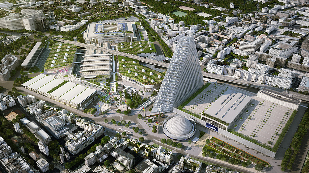 Vue aérienne du futur projet de la Tour Triangle, Porte de Versailles à Paris