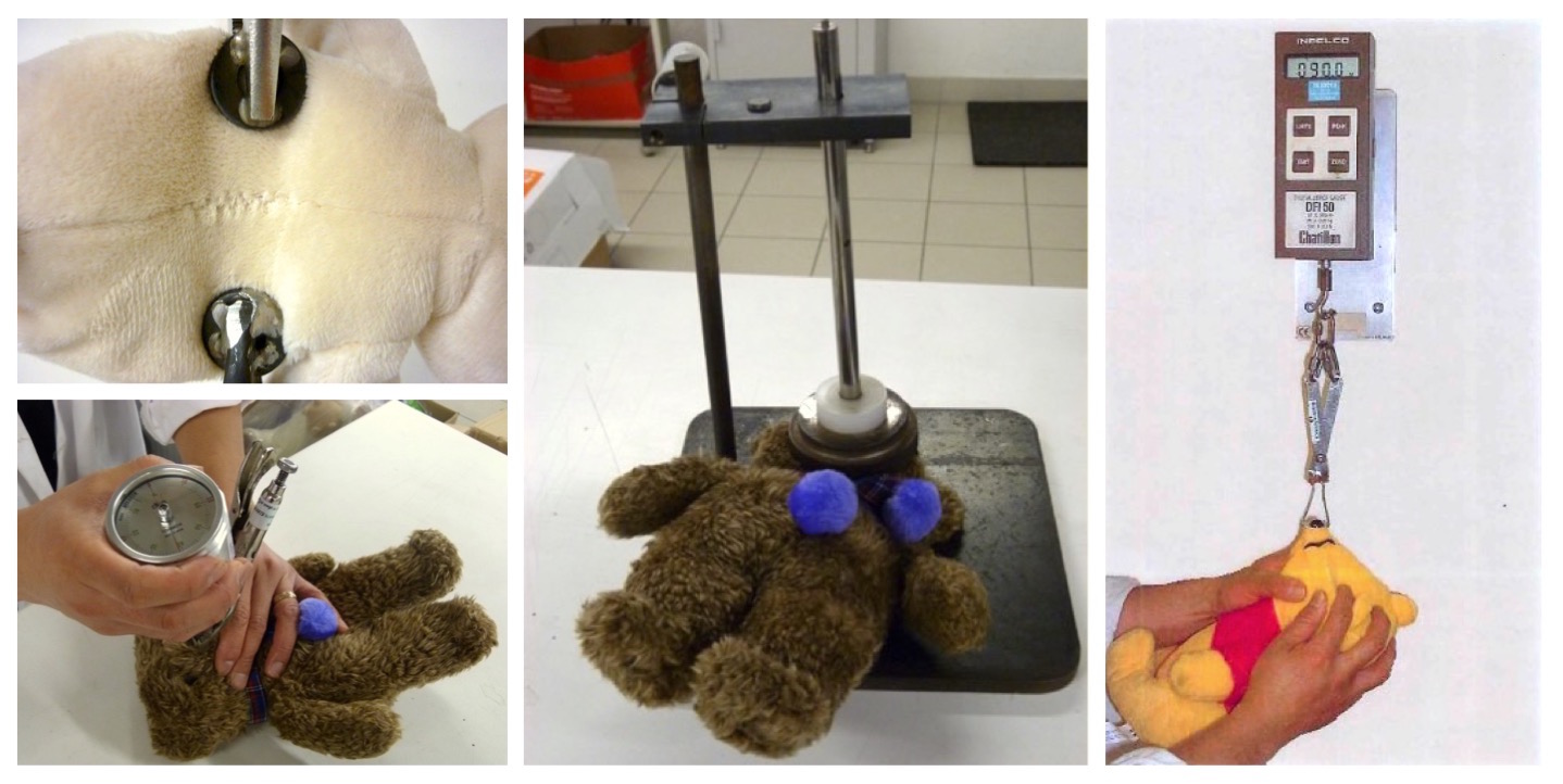 Tests d'étirement, torsion, compression et arrachement effectués sur un ours en peluche dans un des laboratoires Bureau Veritas 