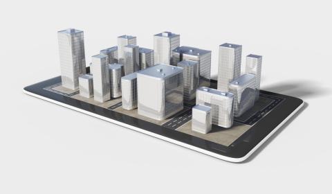 Modélisation 3D d'une ville moderne surgissant d'une tablette numérique